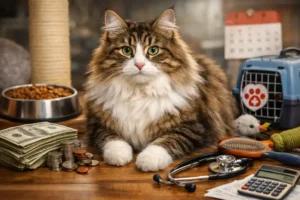 Adult Norwegian Forest Cat with long thick fur sitting indoors with food bowl, grooming tools, and vet items showing cost of ownership