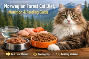 Norwegian Forest Cat diet shown with an adult long-haired Norwegian Forest Cat sitting beside wet and dry cat food bowls