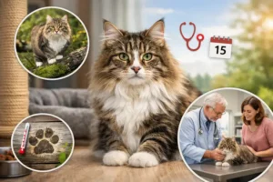Adult Norwegian Forest Cat with long thick coat and strong build, representing Norwegian Forest Cat health issues and lifespan in a home setting