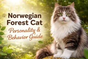 Adult Norwegian Forest Cat with long fluffy coat sitting calmly outdoors, showing the Norwegian Forest Cat personality and relaxed behavior