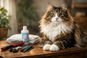 Norwegian Forest Cat grooming with a thick long double coat, sitting calmly beside brushing and nail trimming tools