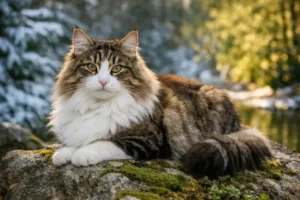 Norwegian Forest Cat with long thick coat and bushy tail resting on a rock in a forest setting