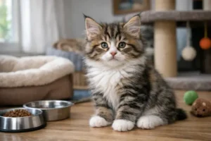 Fluffy Norwegian Forest kitten sitting indoors near food bowls and toys, showing typical long coat and calm kitten behavior