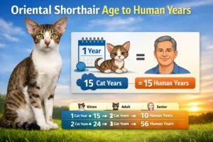 Oriental Shorthair age to human years comparison showing a short-haired, slender cat with large ears alongside a human age chart