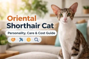 Oriental Shorthair cat with a sleek short coat, large ears, and slender body sitting indoors