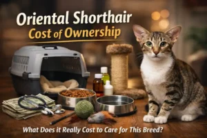 Oriental Shorthair cat sitting indoors with cat supplies, showing the cost of ownership for this active short-haired breed