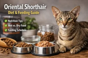 Oriental Shorthair cat with a sleek short coat sitting beside bowls of wet and dry food, showing a balanced diet setup