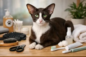 Oriental Shorthair grooming with a short, sleek coat and large ears resting calmly beside basic grooming tools indoors
