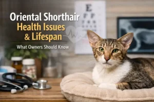 Adult Oriental Shorthair cat with a short coat resting indoors, representing Oriental Shorthair health issues and lifespan awareness