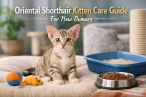 Oriental Shorthair kitten sitting indoors with short sleek coat, large ears, and alert eyes, shown in a calm home setting for Oriental Shorthair kitten care