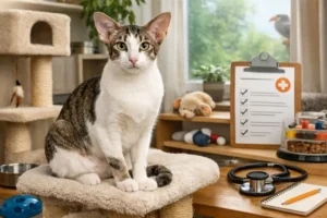 Oriental Shorthair cat with a sleek short coat sitting indoors, showing large ears, slim body, and alert expression