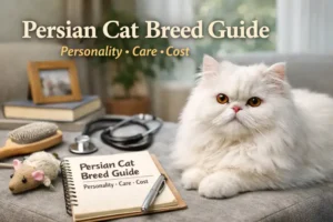 Adult Persian cat breed with long white coat, flat face, round copper eyes, resting indoors in a calm home setting
