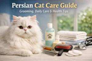 Persian cat care showing an adult long-haired Persian cat with a flat face sitting beside grooming tools used for daily care and coat maintenance