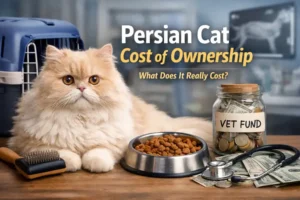 Persian cat cost of ownership shown with an adult long-haired Persian cat sitting near food, grooming tools, and vet care items indoors