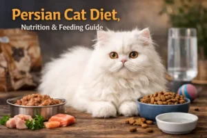 Persian cat diet shown with an adult long-haired Persian cat sitting beside wet and dry food bowls indoors
