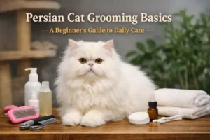 Persian cat grooming basics showing an adult long-haired Persian cat sitting calmly with grooming tools on a table indoors