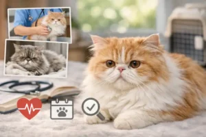 Adult Persian cat with a long coat and flat face resting indoors, representing Persian cat health issues and lifespan.