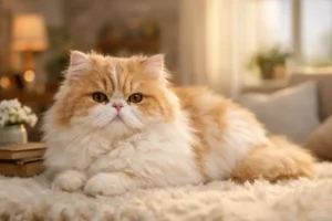 Adult Persian cat with long fluffy coat resting indoors, showing calm Persian cat personality and gentle behavior