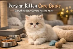 Persian kitten care example showing a fluffy long-haired Persian kitten resting indoors near food bowls, toys, and a cozy bed