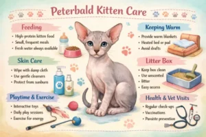 Peterbald kitten care guide showing early growth, feeding, and care needs
