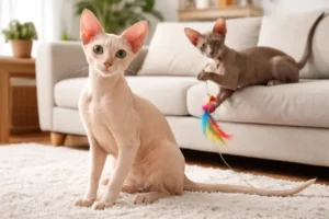 Peterbald cat personality and behavior traits shown in an affectionate home environment