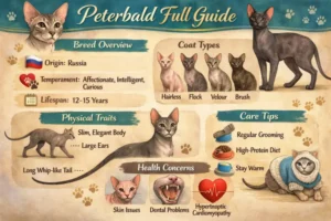 Peterbald cat full breed guide showing hairless or short coat, slender body, and facial features