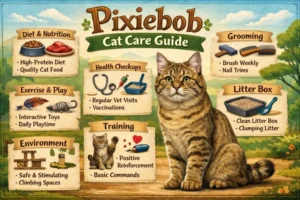 Pixiebob cat care guide covering daily care, grooming, and activity needs