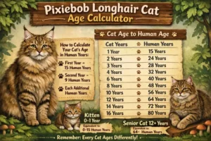 Pixiebob Longhair cat age calculator chart converting cat years to human years