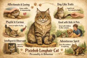 Pixiebob Longhair cat personality and behavior traits shown in a friendly home environment