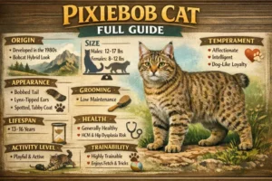 Pixiebob cat full breed guide showing bobbed tail, muscular body, and coat features