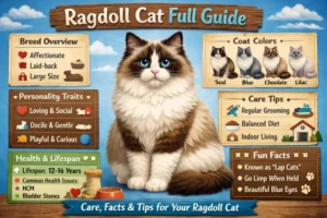 Ragdoll cat full breed guide showing long coat, blue eyes, and large body structure