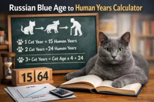 A Russian Blue cat with a sleek gray coat and green eyes sits next to a chart showing cat age converted to human years, illustrating kitten, adult, and senior stages.