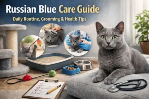 A Russian Blue cat with a short silver-blue coat and green eyes sits calmly on a soft cushion indoors, surrounded by a litter box, food bowls, toys, and a stethoscope, representing daily care and health monitoring.