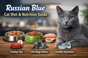 A Russian Blue cat with a sleek gray coat and green eyes sitting near bowls of wet and dry cat food, with a water bowl nearby
