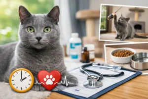 Adult Russian Blue cat with short silvery-blue coat and bright green eyes lying indoors on a soft surface with veterinary items in the background.
