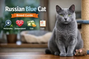 A Russian Blue cat with a sleek silver-blue coat and bright green eyes sitting on a carpet in a calm indoor home setting, looking alert and graceful.