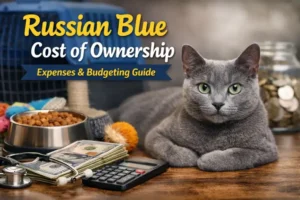 A sleek adult Russian Blue cat with short gray fur and green eyes lying on a table next to pet supplies, money, and a calculator, illustrating ownership costs.