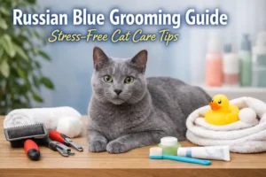A calm Russian Blue cat with short, silvery-blue fur and green eyes being gently groomed at home, surrounded by brushing and nail care tools.
