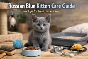 A young Russian Blue kitten sitting on a soft blanket in a cozy home, looking curious with bright green eyes and a dense silver-blue coat