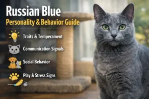 A sleek Russian Blue cat with short blue-gray fur and green eyes sitting on a cozy perch, showing calm and attentive body language in a home environment.
