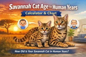 Savannah cat age to human years chart showing a Savannah kitten and adult cat side by side to explain age conversion