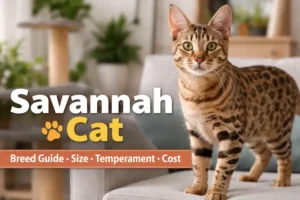 Savannah cat breed with tall legs, spotted short coat, and large upright ears standing indoors