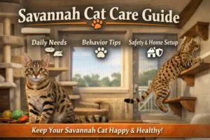 Savannah cat care showing an adult Savannah cat with a short spotted coat resting on a cat tree in an indoor home environment