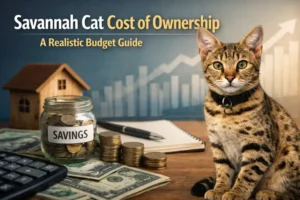 Adult Savannah cat with a spotted coat sitting indoors near budgeting items, illustrating the savannah cat cost of ownership