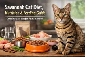 Savannah cat diet with an adult Savannah cat sitting next to wet and dry food bowls and fresh water