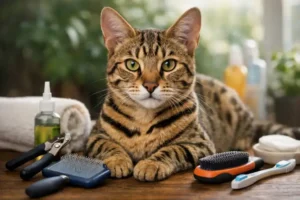 Savannah cat grooming basics showing an adult Savannah cat with a short spotted coat resting calmly near grooming tools