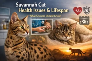 Adult Savannah cat with spotted short coat resting indoors, showing traits linked to Savannah cat health issues and lifespan.