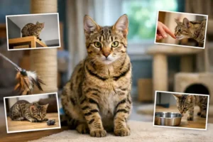 Adult Savannah cat with a spotted coat sitting alert indoors, showing typical Savannah cat personality and behavior