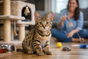 Savannah kitten with a spotted short coat sitting indoors during playtime, showing typical savannah kitten care in a home setting.