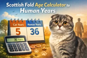 Scottish Fold age calculator showing a gray short-haired Scottish Fold cat next to a chart converting cat years to human years.